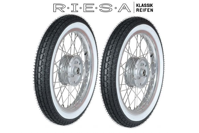 Kolo Alu-nerez bílé boky pneu, stříbrná nába a ráfek lesk Simson S50 S51 Vogelserie komplet 2 ks