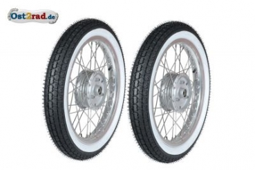 Kolo Alu-nerez bílé boky pneu, stříbrná nába a ráfek lesk Simson S50 S51 Vogelserie komplet 2 ks