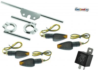 LED blinkr sada  Simson S50 S51 tónovaný, přerušovač, držák, homologace