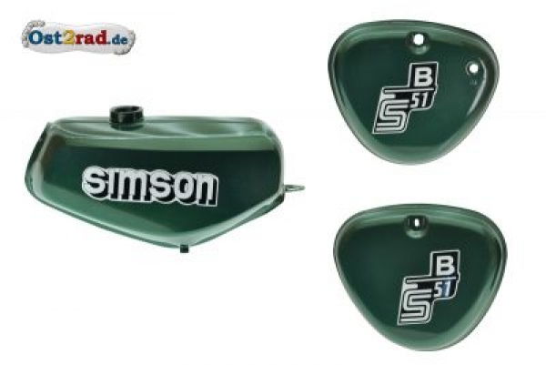 Nádrž kastlíky sada Simson S51 S70 , zelená metalíza ForestGreen, nálepka Simson